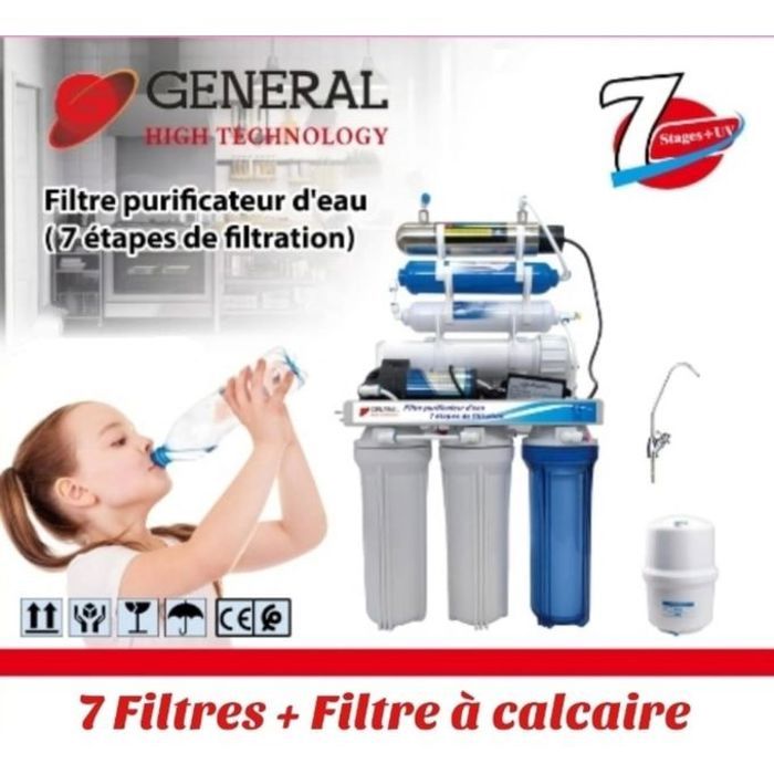 Filtre Purificateur d'eau - GENERAL - 7 étapes de filtration - Osmose inverse - 10 Litres - 340 Litres/jour