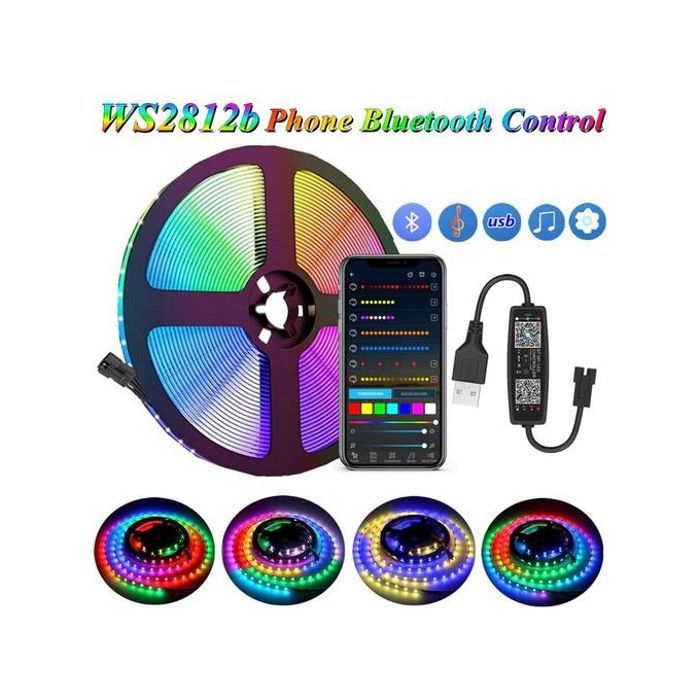 Bande Lumineuse Intelligente RGBIC LED WS2812B 5M, 30LED/M+Contrôleur de musique Bluetooth USB