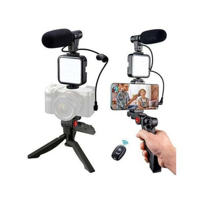 Kit Vlogging Smartphone avec poignée, Microphone stéréo, lumière LED - Youtube, TikTok
