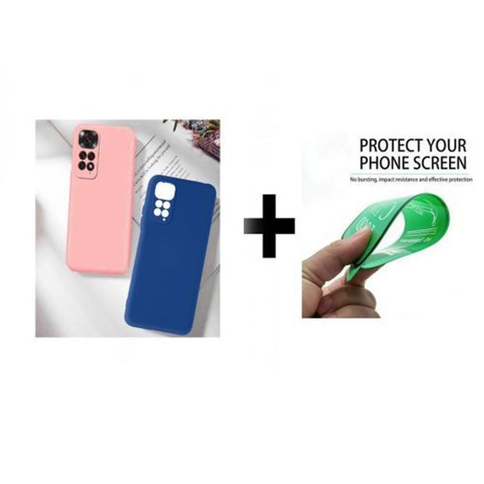 Case Pack : 2 Pochette Redmi Note 11S 4G Silicone Bleu Et Rose + Protection Incassable