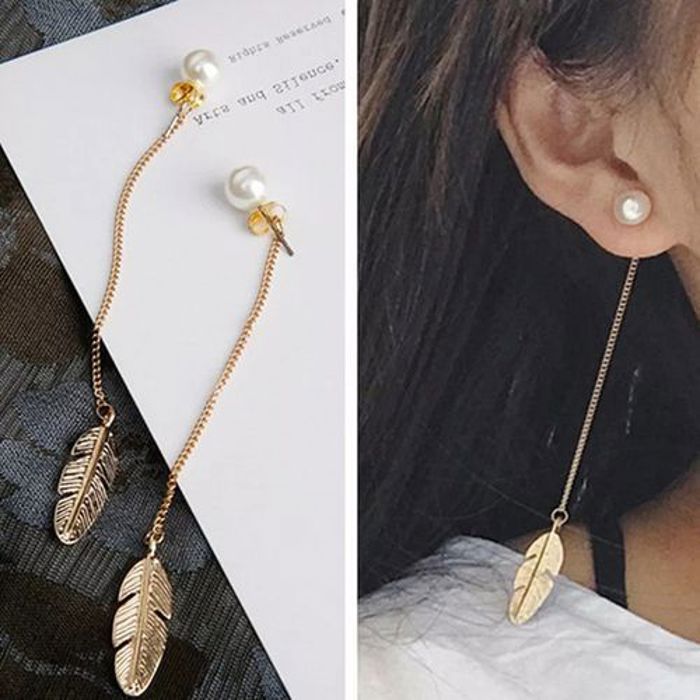 Boucles d'oreilles - GENERIC - Pendantes - Plumes et perles - Or - 9cm
