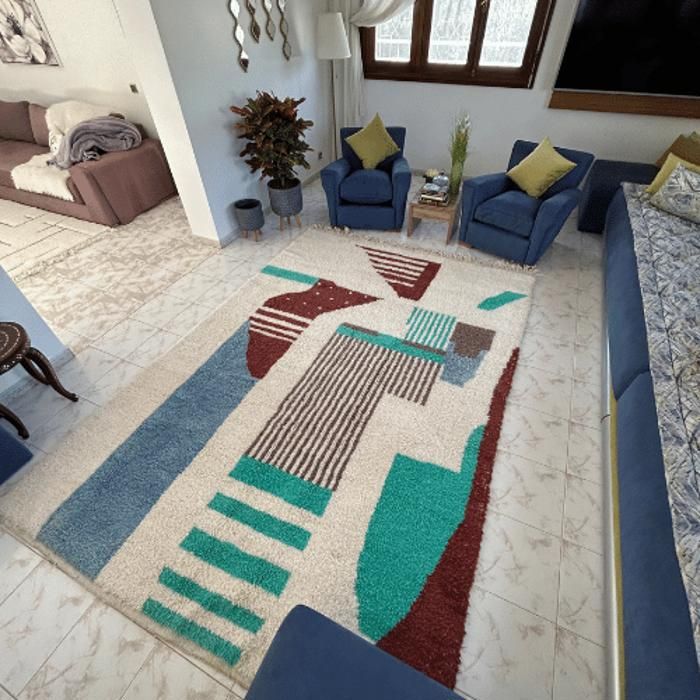 Tapis - SAFIA - Beni Ouarain - Blanc - Motifs bleus et marron - 300x200cm