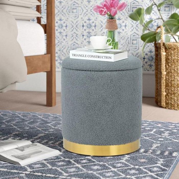 Pouf Rond en Polaire Teddy Gris avec Rangement 45cm/45cm