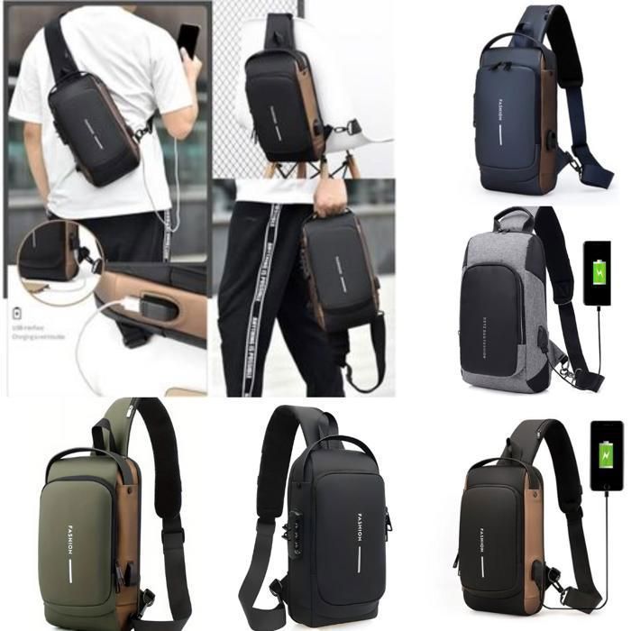 Sac bandoulière en cuir, sacoche de poitrine imperméable antivol,chargeur usb (Couleur aléatoire)