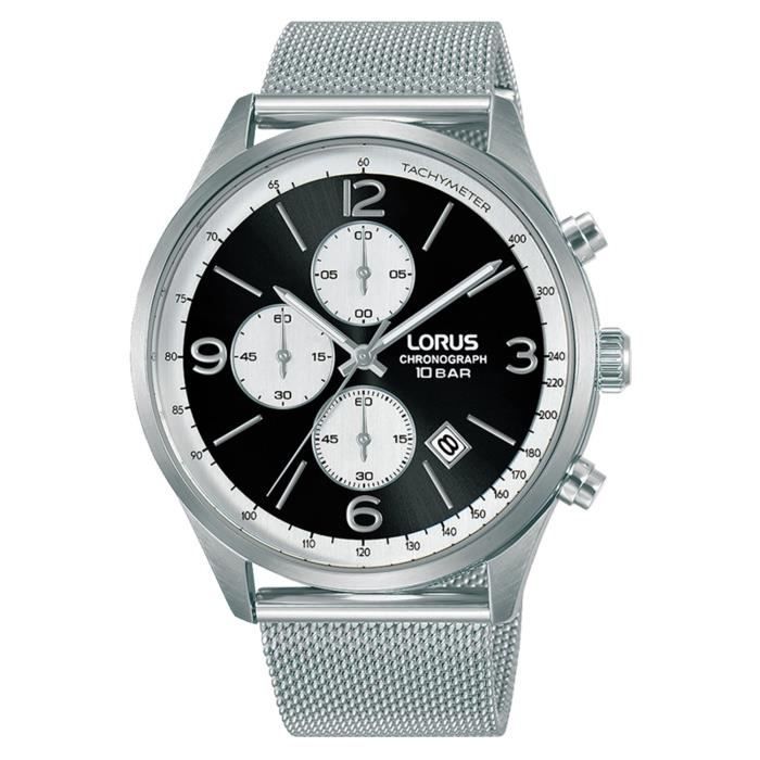 Montre homme LORUS maille milanaise cadran noir chrono - Bracelet acier