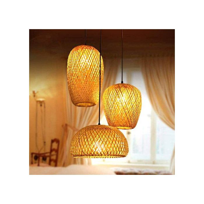 Lampe Suspendue Bambou Tissé À Main, Rotin Lampe À Suspension Tissée À La Main, 3-Lumières