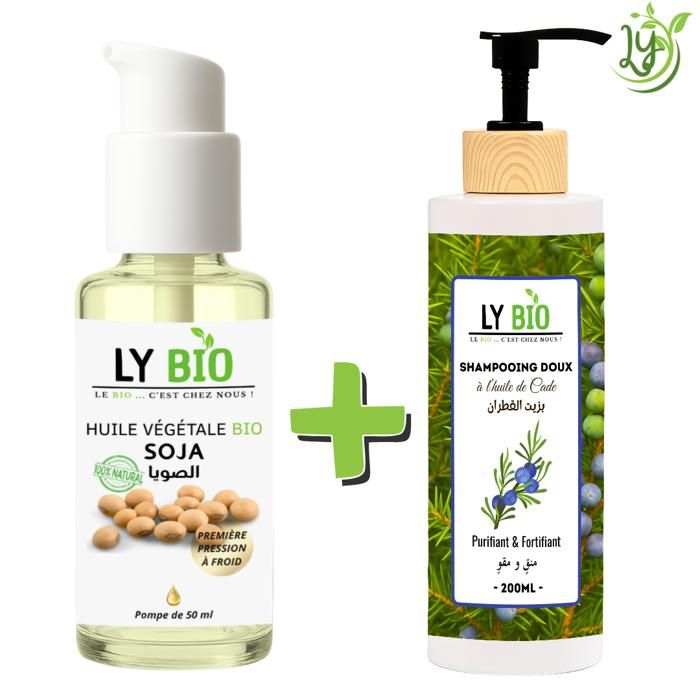 LYBIO PACK HUILE SOJA 50ML - POMPE + SHAMPOOING A L'HUILE DE CADE 200ML - PURIFIANT & FORTIFIANT