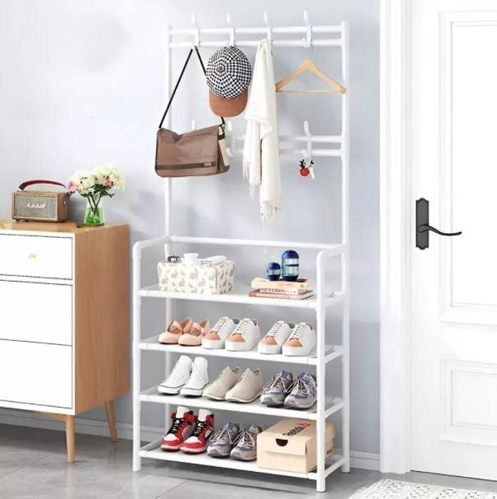 Porte-vêtements meuble d'entrée et étagère à chaussures en métal à 4 niveaux 150 x 26 x 60 CM