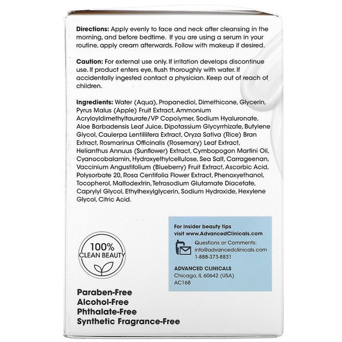Crème hydratante - Advanced clinicals - Anti-âge - Acide hyaluronique - 60 ml