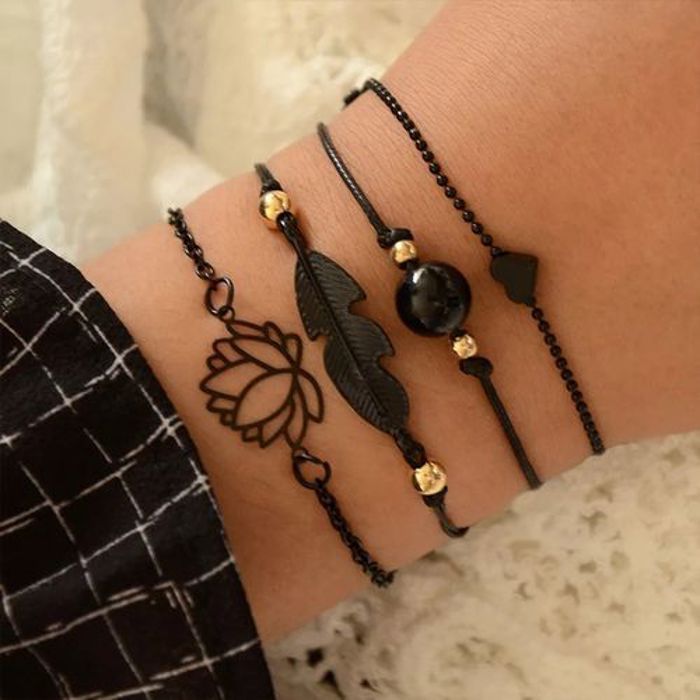 ensemble de 4 Bracelets Lotus feuilles d'amour noir bijoux pour femmes