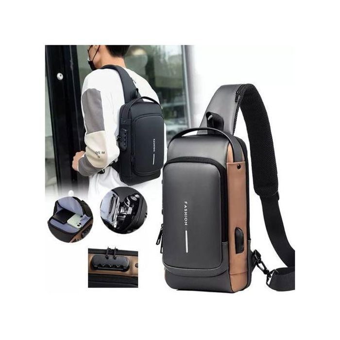 Sac à Bandoulière en Cuir, Sacoche de Poitrine Imperméable Antivol, Chargeur USB