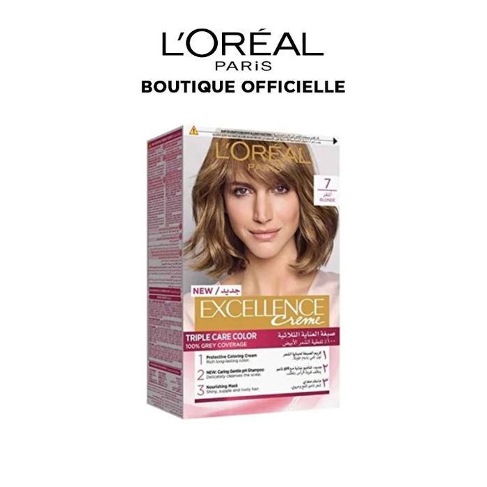 Crème Coloration Permanente - L'Oréal Paris - Excellence - 7 Blond - Triple Soin - Couvre 100% cheveux blancs