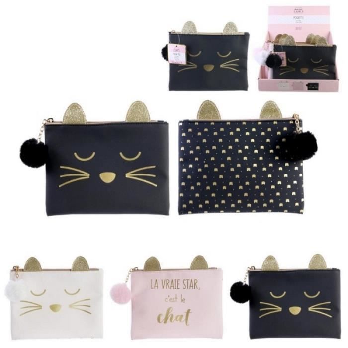 1 POCHETTE CHAT 20 X 15 CM AVEC POMPON MAQUILLAGE PAPETERIE