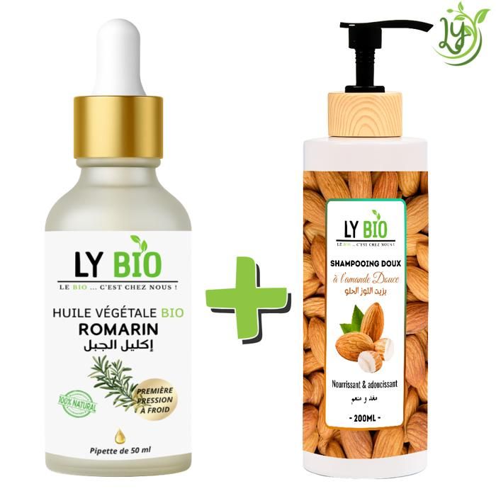 LYBIO PACK HUILE ROMARIN 50ml - PIPETTE + SHAMPOOING AMANDE DOUCE 200ML - NOURRISSANT & ADOUCISSANT