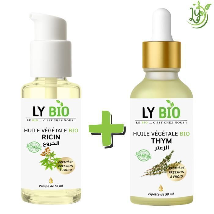 Pack d'huiles végétales - Huile de ricin 50ml - Huile de thym 50ml - Nourrissant - Purifiant
