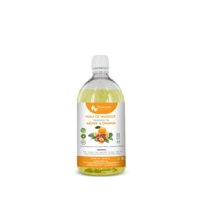 Huile de Massage - PLANTCOSMO LABORATOIRES - Argan et Orange - 500ml - 100% Naturelle - Hydratation Profonde