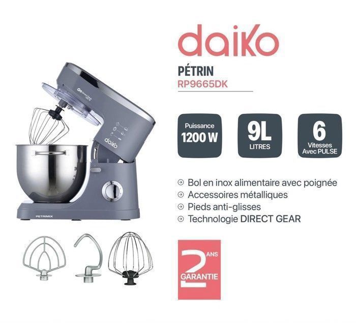Robot Pétrin Digital - DAIKO - 9L - 1200W - 6 Vitesses - Acier Inoxydable