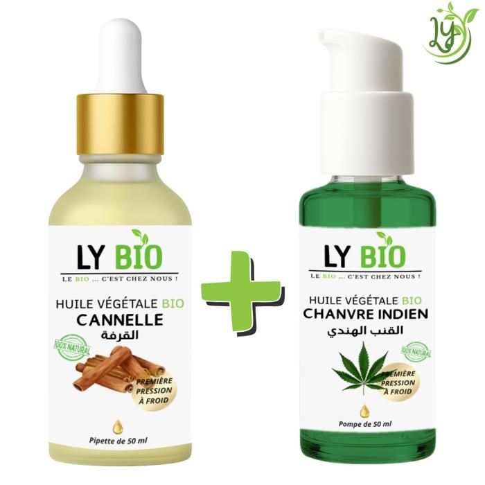 Pack de soins - LYBIO - Huile Cannelle 50ml - Pipette - Huile Chanvre 50ml - Pompe