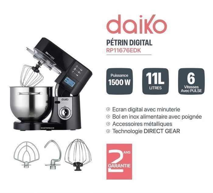Robot Pétrin - DAIKO - RP11676EDK - 11 L - 1500W - 6 Vitesses - Minuterie digitale