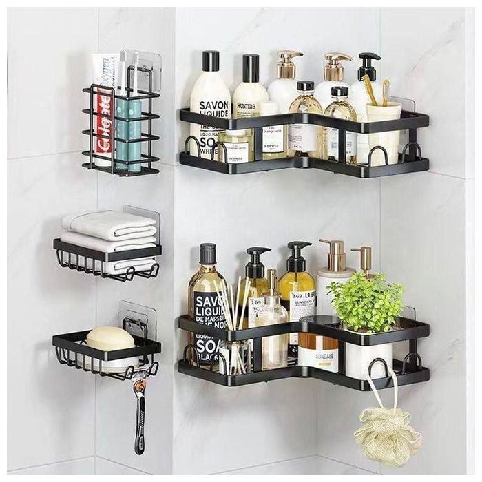 Étagères de Salle de Bain - Inoxydable - Métal Noir - Contemporain - 5 Paniers Muraux - Pratiques