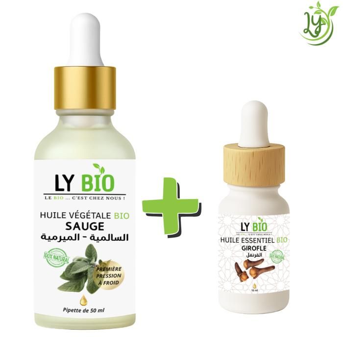 Pack d'huiles - LYBIO - Huile de sauge 50ml - Pipette - Huile essentielle girofle 10ml - Tous types de cheveux