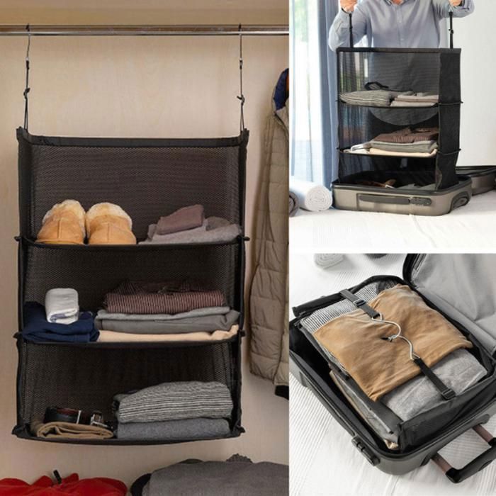 Organisateur de Valises - Noir - 3 étagères - 45x80x30cm - Pratique et Pliable - Gain de Place