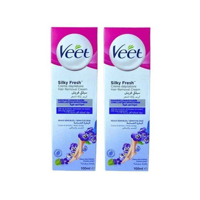 Crème dépilatoire Veet Silk & Fresh Sensitive 2x100ml : une épilation douce et efficace pour les peaux sensibles.