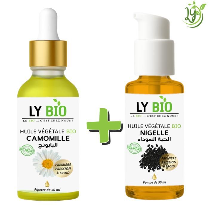 Pack Huile Végétale - LYBIO - Camomille & Nigelle - 50ml - Pipette & Pompe - Soin Nourrissant