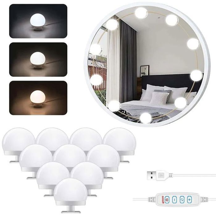 Lot de 10 lampes pour miroir de vanité, avec intensité variable pour un éclairage optimal du maquillage.