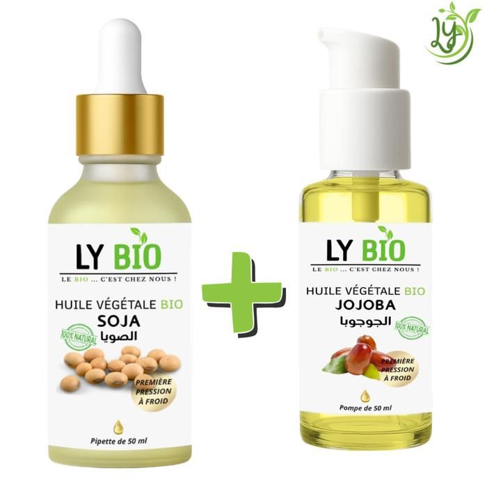 Pack de soins - LYBIO - Huile Soja 50ml - Pipette - Huile Jojoba 50ml - Pompe