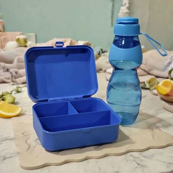 Pack Lunch Box 2 niveaux sans BPA  -11 x 4 x 9 cm -Bouteille 500 mL – Plastique alimentaire  Bleu, Compact et Pratique