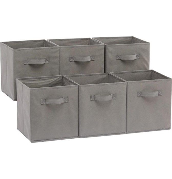 Lot de 6 cubes de rangement pliables en tissu avec poignées, Gris Uni, 26,6 x 26,6 x 27,9 cm