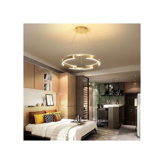 Lustre suspendu à LED en forme d'anneau doré 3 lumiére jaune/blanc/neutre Diamétre80CM