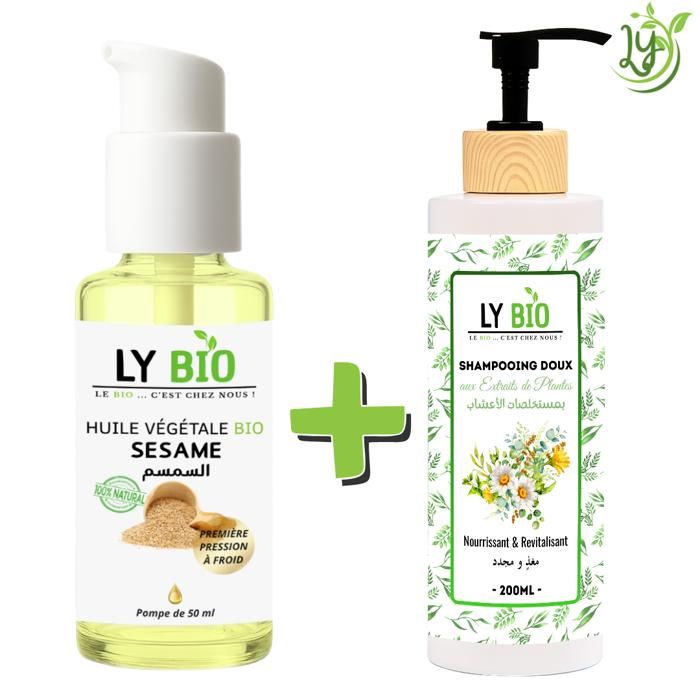 LYBIO PACK HUILE SESAME 50ml - POMPE + SHAMPOOING AUX EXTRAITS DE PLANTES 200ML - NOURRISSANT & REVITALISANT