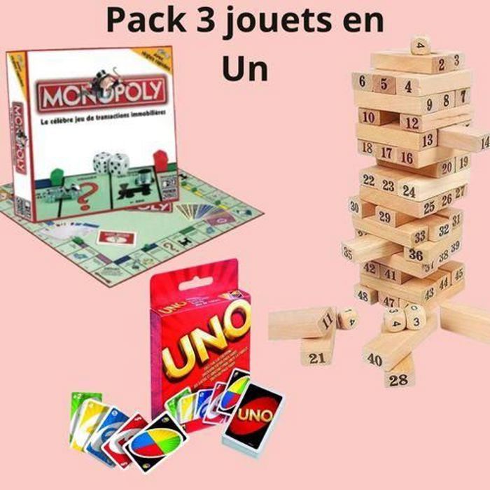 Jeux de société - Jenga - Pack 4 - 54 blocs - Uno - Parchisi - Monopoly