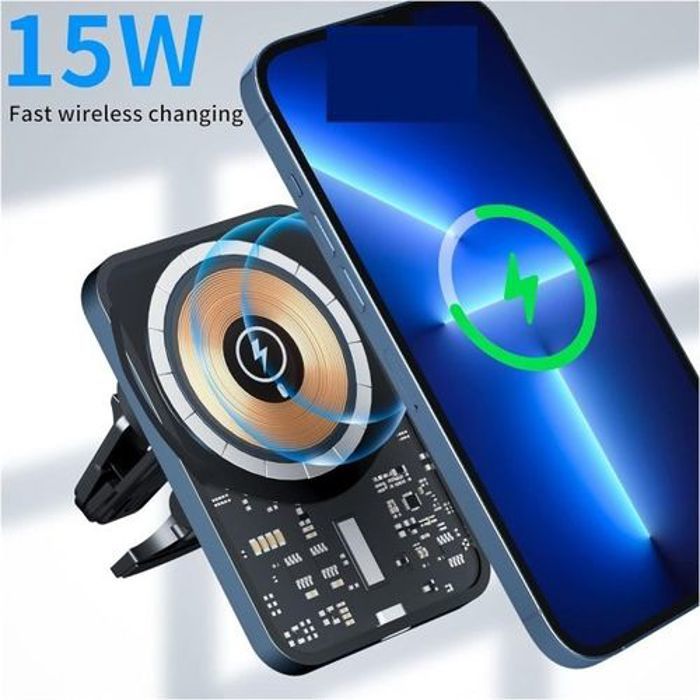 Chargeur sans fil - Support de Voiture - 15W - Compatible Qi - Installation facile - Design compact