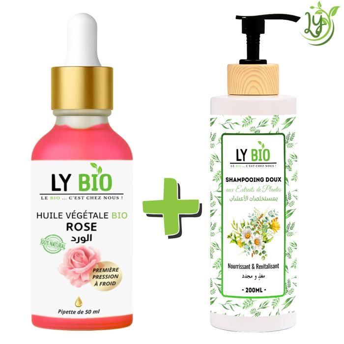 Pack de soins capillaires - LYBIO - Huile de rose 50ml - Shampooing 200ml - Nourrissant - Revitalisant