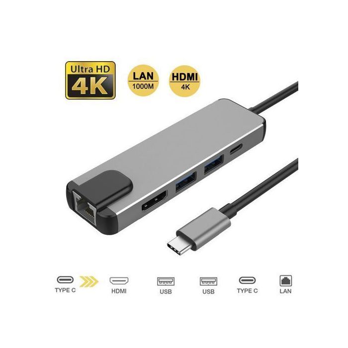 Hub USB-C 5 en 1 - Non spécifié - Adaptateur HDMI RJ45 - SuperSpeed USB 3.0 - Ethernet Gigabit - Chargeur USB-C