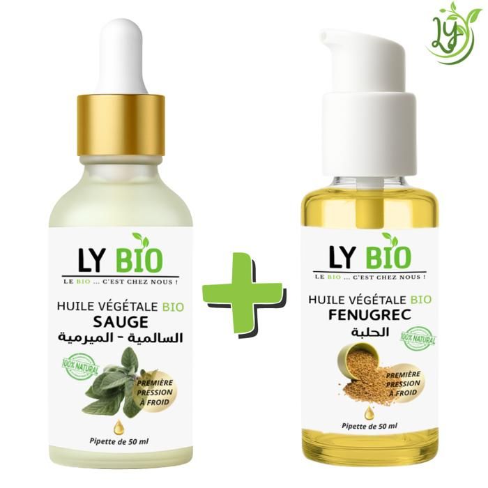 Pack d'Huiles - LYBIO - Sauge 50ml - Pipette - Fenugrec 50ml - Pompe - Nourrissant