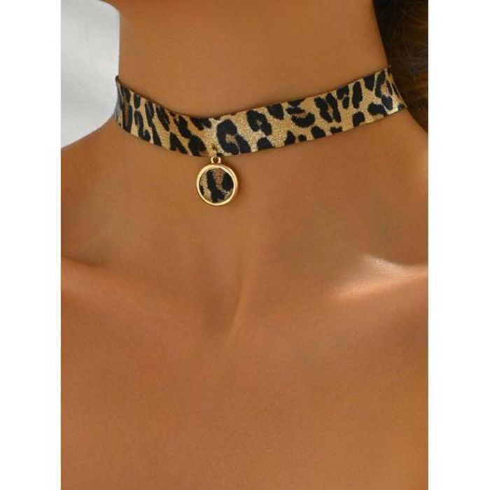Collier ras-du-cou style hip-hop vintage à imprimé léopard pour femme