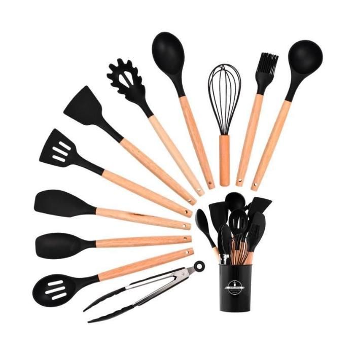Set Ustensiles de Cuisine - Noir - 12PCS - Silicone - Bois - Résistant à la chaleur