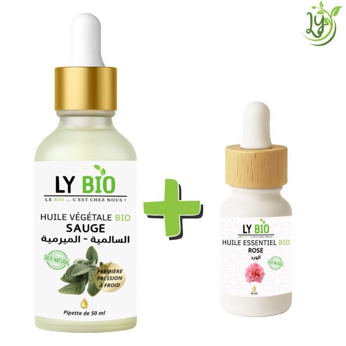 Pack d'huiles - LYBIO - Huile de sauge 50ml - Huile essentielle de rose 10ml - Tous types de cheveux - Mixte