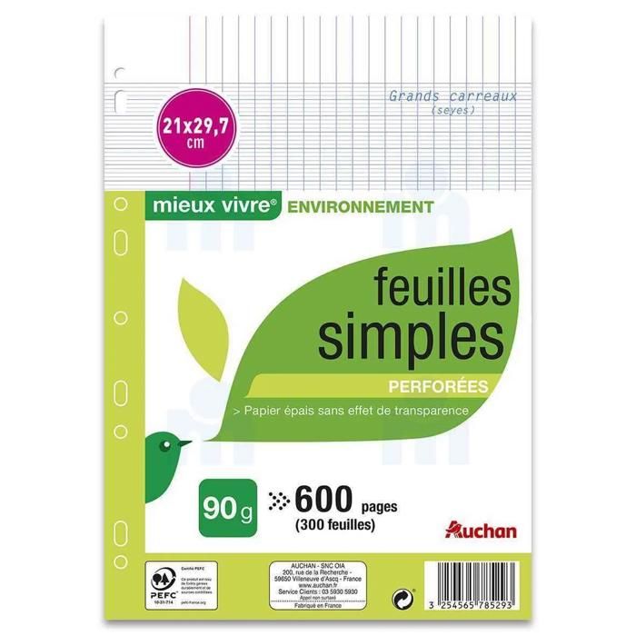 Feuilles simples perforées A4 grands carreaux séyès 600 p blanche 90g -AUCHAN