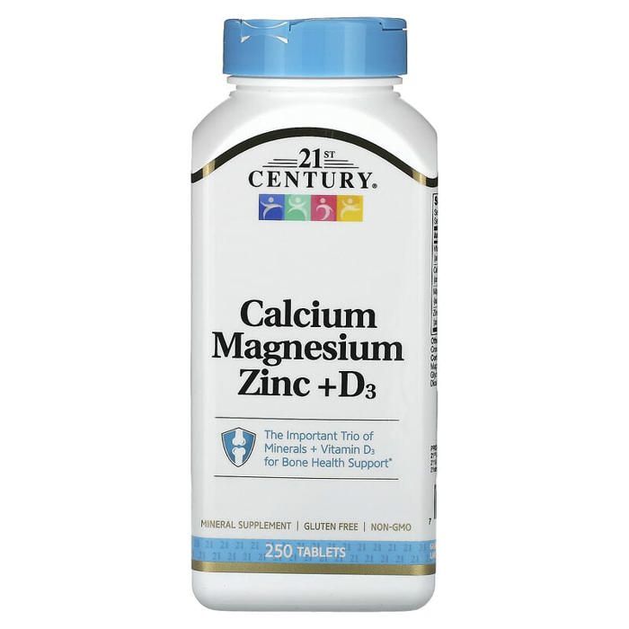 21st Century, Calcium Magnésium Zinc + D3, 250 comprimés