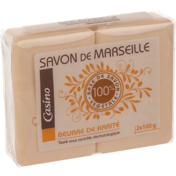 Savon - CASINO - Lot de 2 Savons Marseille - 100 g - Beurre de karité - Sans parabène