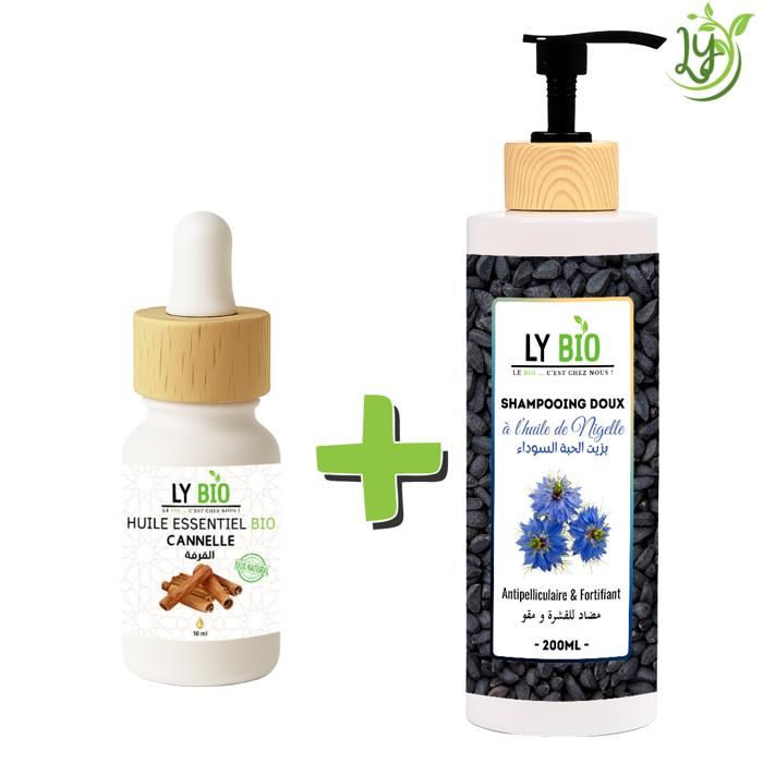 LYBIO PACK HUILE ESSENTIEL CANNELLE 10ML + SHAMPOOING A L'HUILE DE NIGELLE 200ML - ANTIPELLICULAIRE & FORTIFIANT
