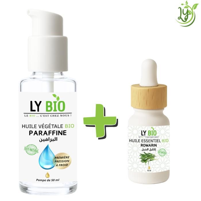Pack de soins - LYBIO - HUILE PARAFFINE 50ML - POMPE - HUILE ESSENTIEL ROMARIN 10ML - Hydratant