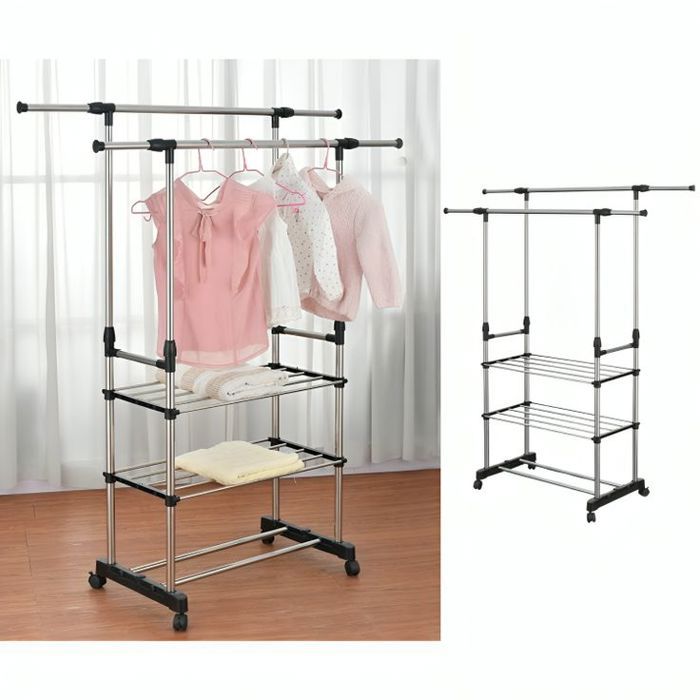 Étagère à vêtements organisateur de tissu en acier pour balcon et chambre à coucher, support à vêtements réglable à double rail