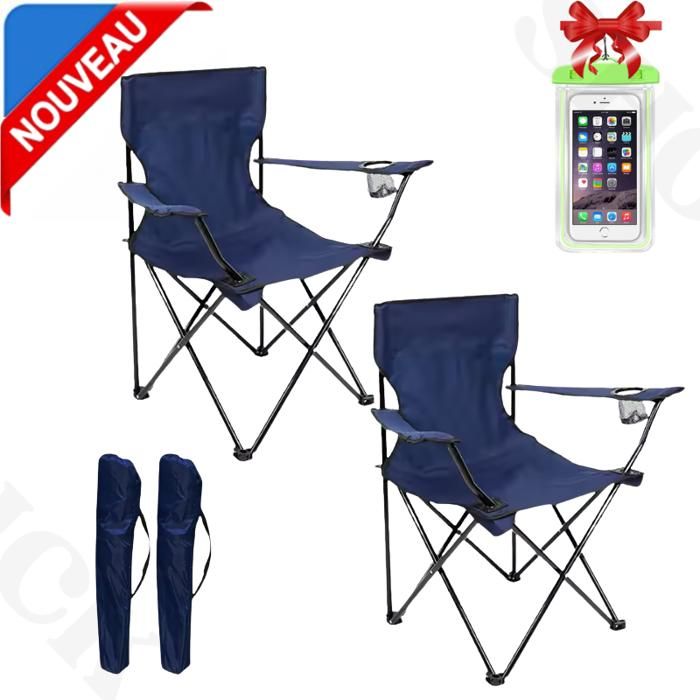 2 Chaises Plage, Pêche Pliables plus porte-Bouteille et sachet, Bleu Fonce + Etui Etanche