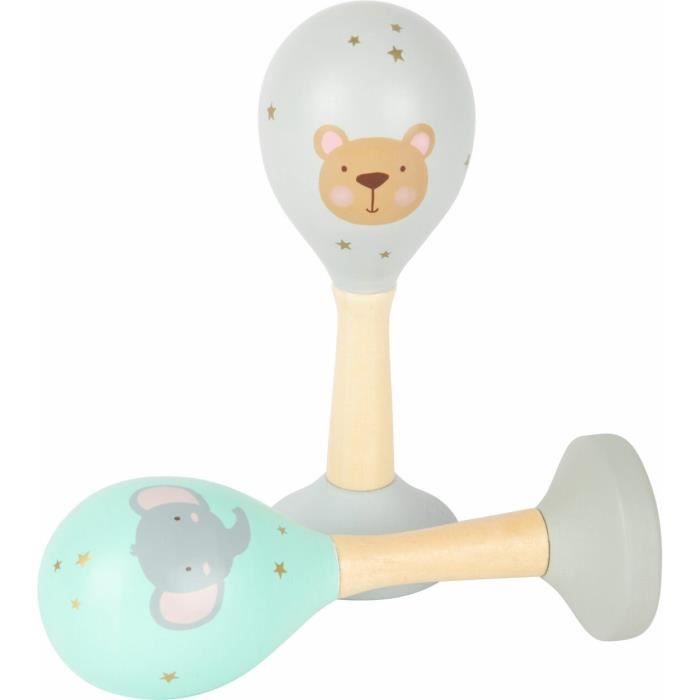 Instrument de percussion - Rumbakoule - Set 2 boules de bois pastel - Pour bébé - Ø4,5 x L13 cm
